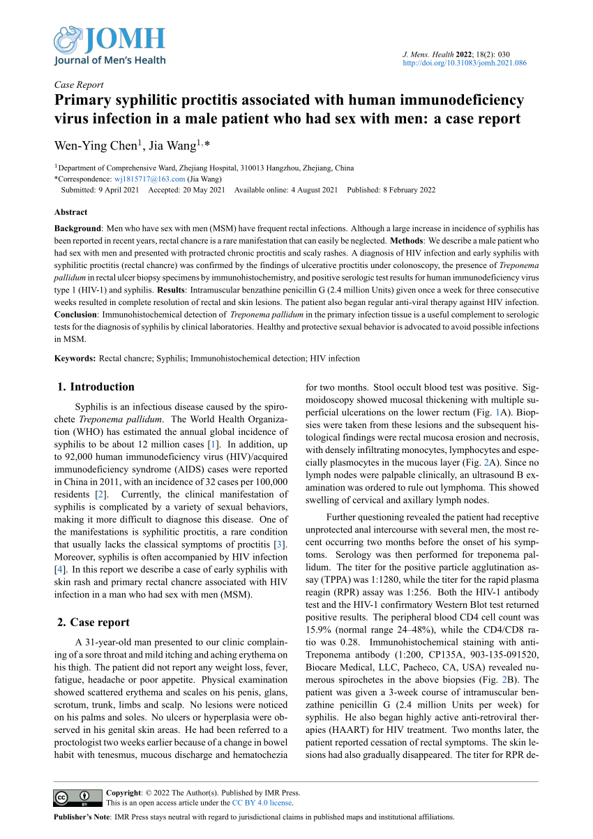 Pdf Primary Syphilitic Proctitis Associated With Human