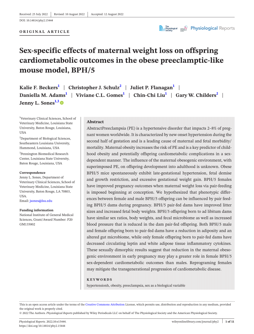 Pdf Sex‐specific Effects Of Maternal Weight Loss On Offspring Cardiometabolic Outcomes In The 7269