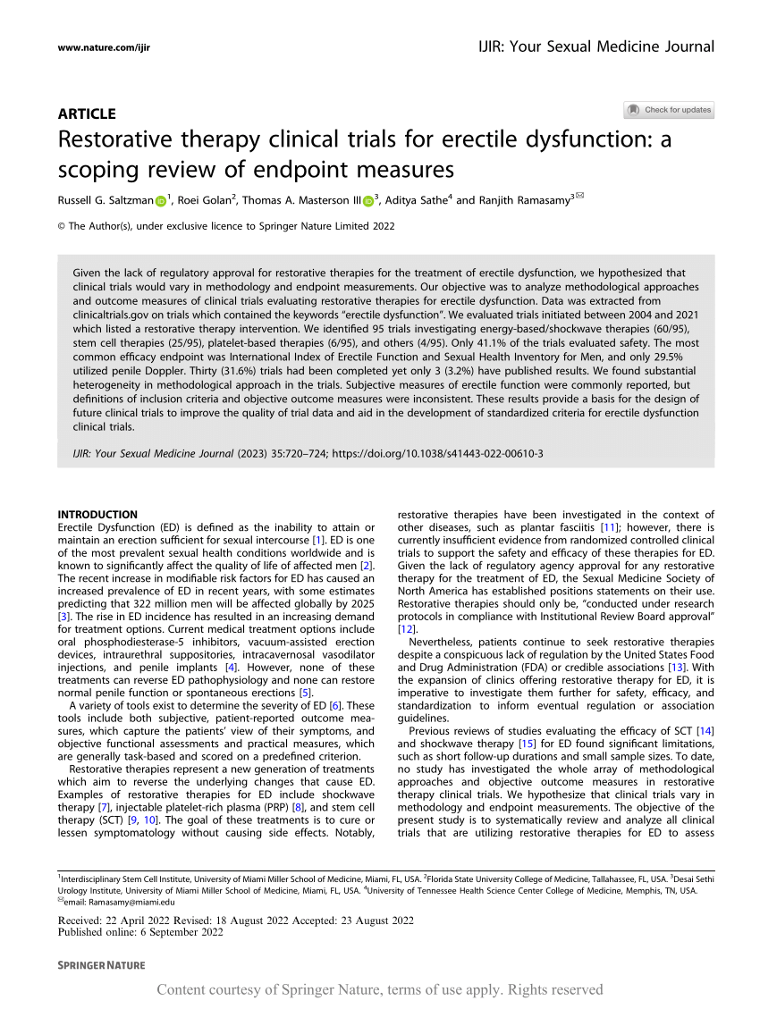 Restorative therapy clinical trials for erectile dysfunction a