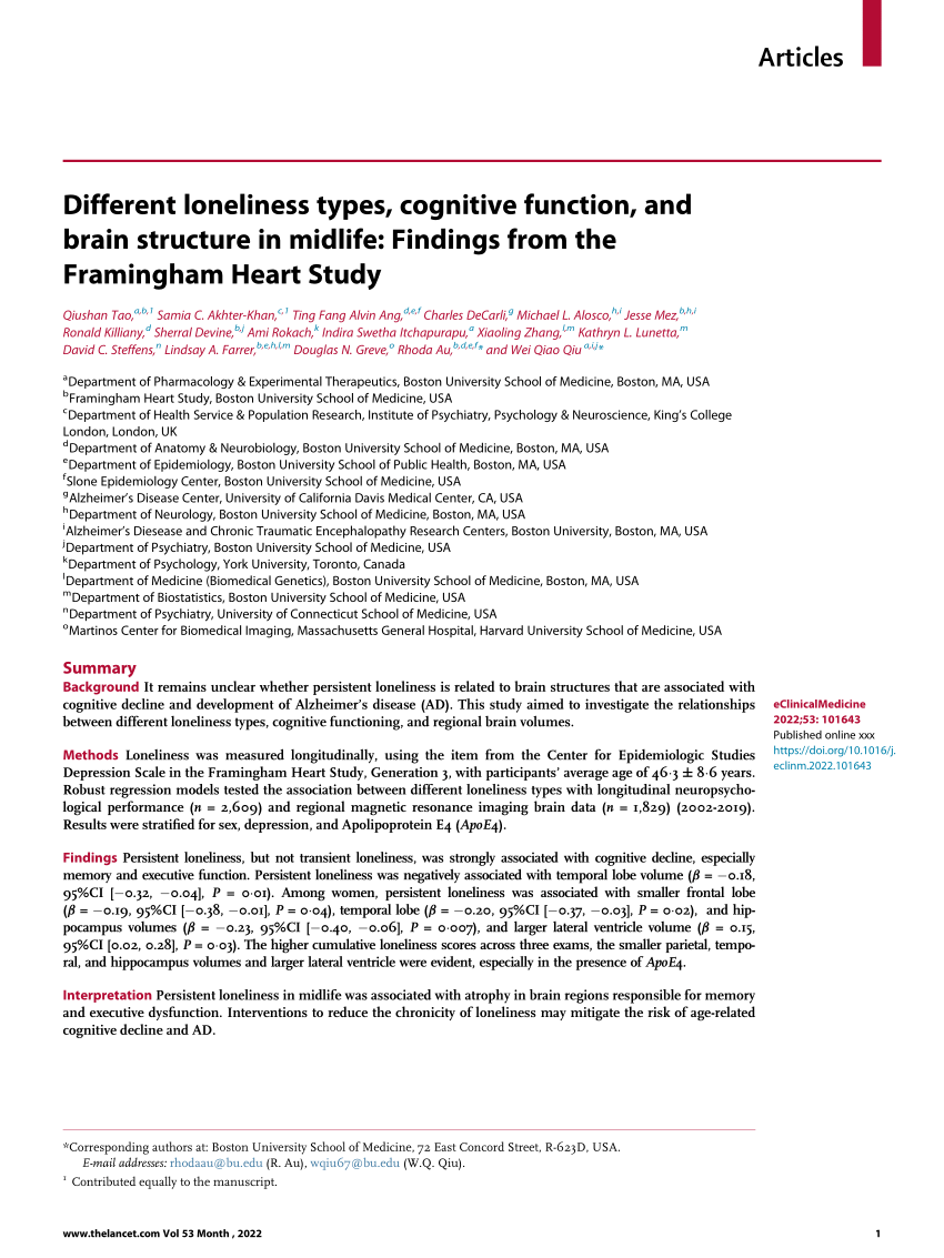 Different loneliness types, cognitive function, and brain structure in  midlife: Findings from the Framingham Heart Study - eClinicalMedicine