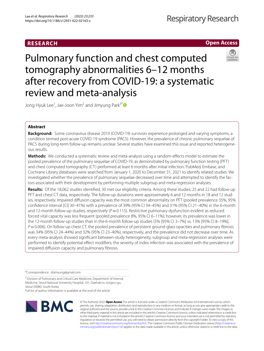 PDF) Pulmonary function and chest computed tomography abnormalities 6–12  months after recovery from COVID-19: a systematic review and meta-analysis