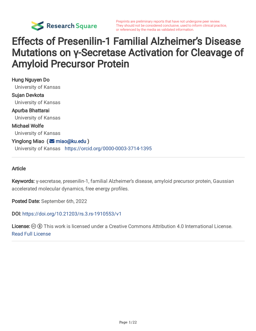 Pdf Effects Of Presenilin 1 Familial Alzheimers Disease Mutations On γ Secretase Activation 