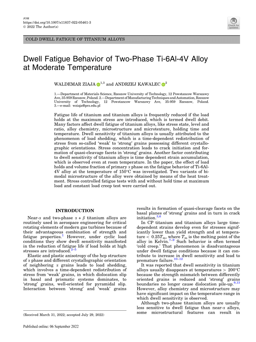 Pdf Dwell Fatigue Behavior Of Two Phase Ti 6al 4v Alloy At Moderate Temperature 