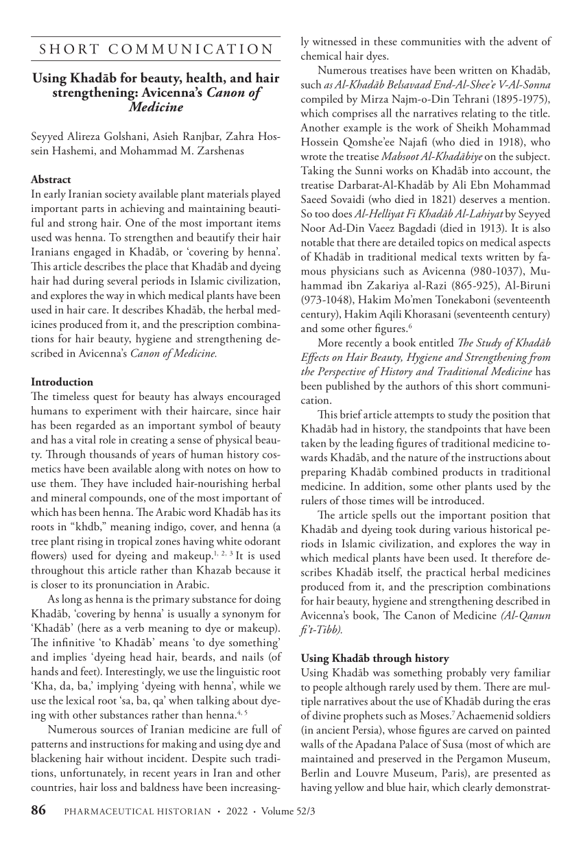 PDF) Using Khadāb for beauty, health, and hair strengthening: Avicenna's  Canon of Medicine