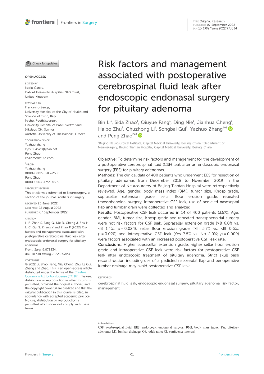 Pdf Risk Factors And Management Associated With Postoperative Cerebrospinal Fluid Leak After 9810