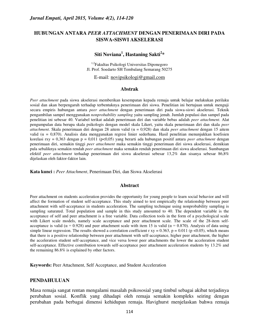 Pdf Hubungan Antara Peer Attachment Dengan Penerimaan Diri Pada Siswa Siswi Akselerasi 9661