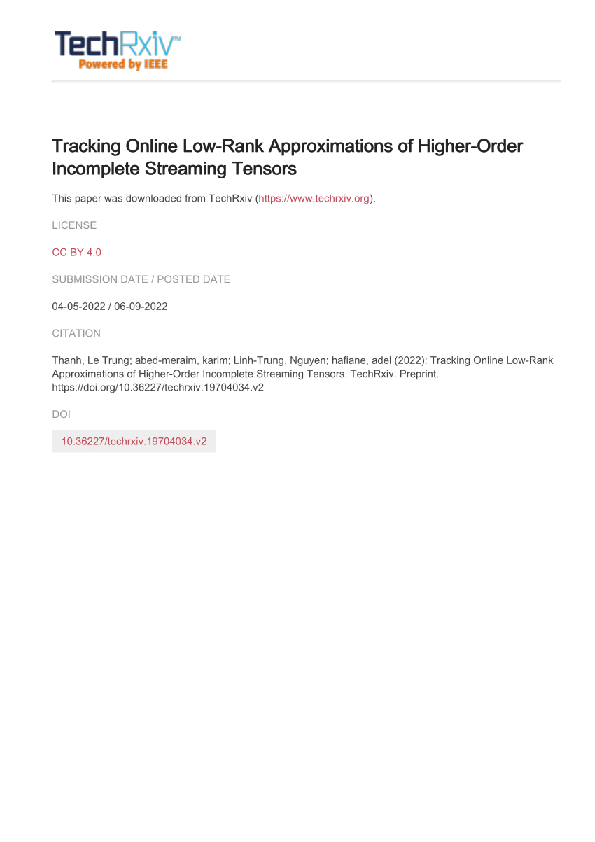PDF) Tracking Online Low-Rank Approximations of Higher-Order Incomplete Streaming Tensors
