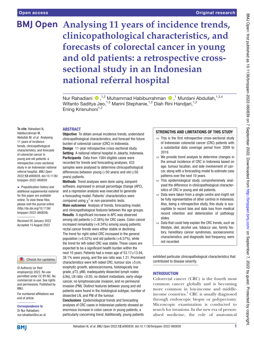 PDF) Analysing 11 years of incidence trends, clinicopathological  characteristics, and forecasts of colorectal cancer in young and old  patients: a retrospective cross-sectional study in an Indonesian national  referral hospital