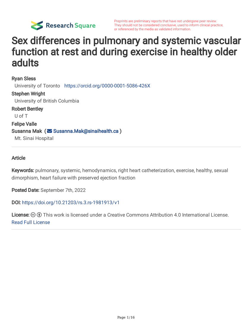 Pdf Sex Differences In Pulmonary And Systemic Vascular Function At Rest And During Exercise In 5171