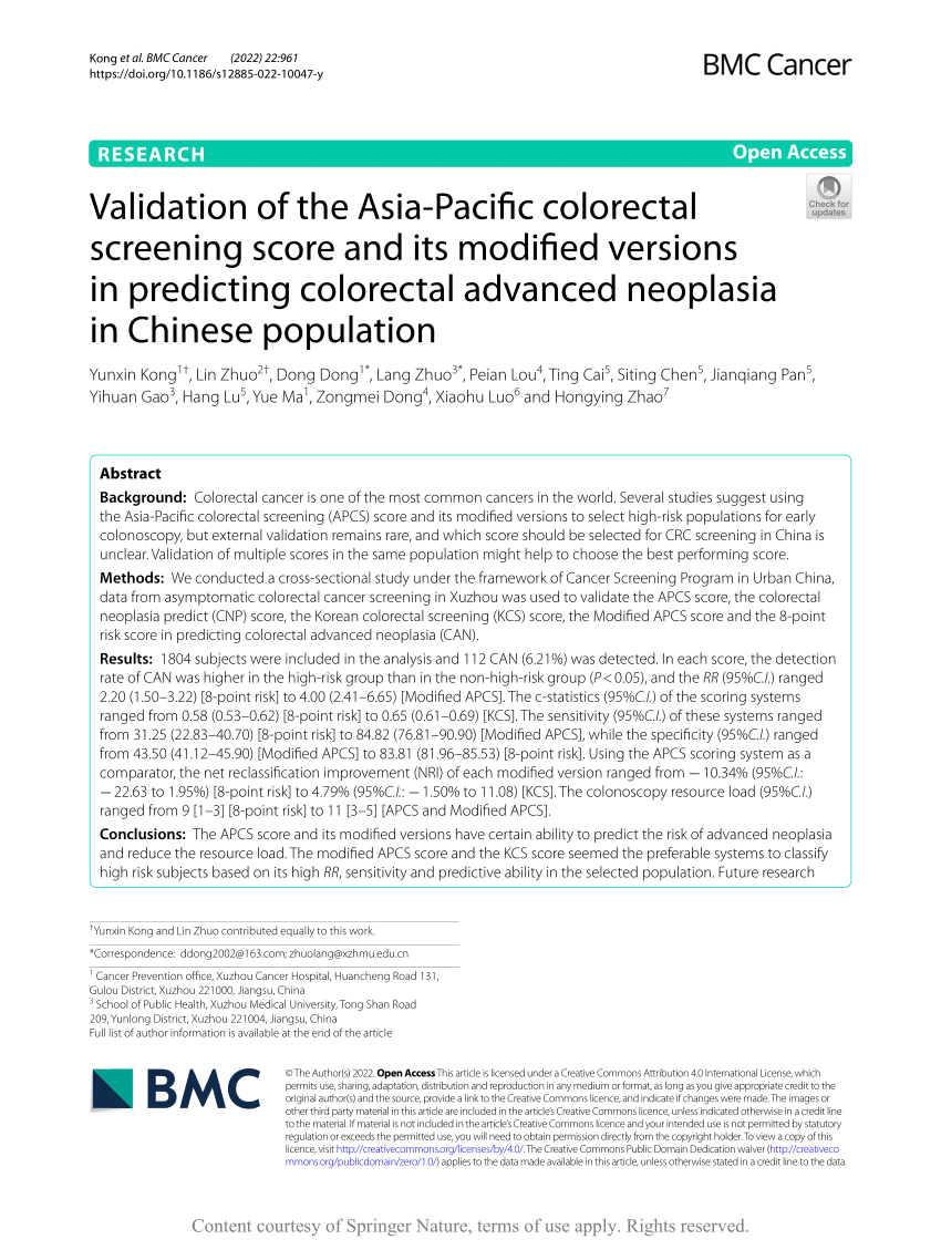 PDF) Validation of the Asia-Pacific colorectal screening score and its  modified versions in predicting colorectal advanced neoplasia in Chinese  population