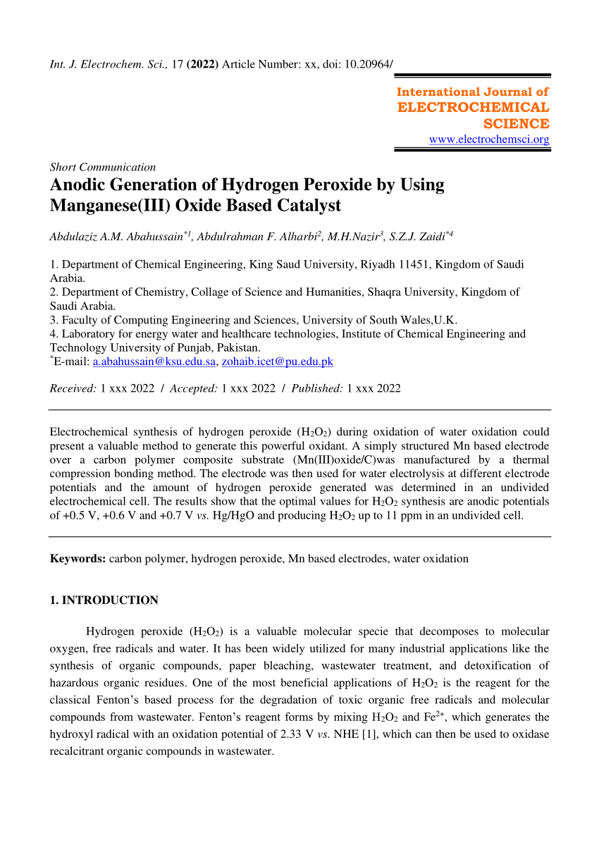 PDF Anodic Generation of Hydrogen Peroxide by Using Manganese III  