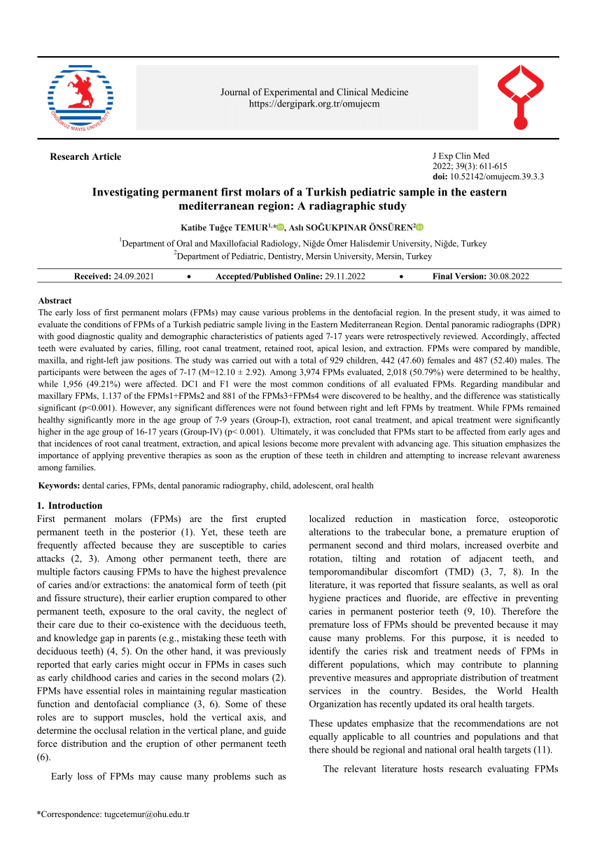 PDF INVESTIGATING PERMANENT FIRST MOLARS OF A TURKISH PEDIATRIC  