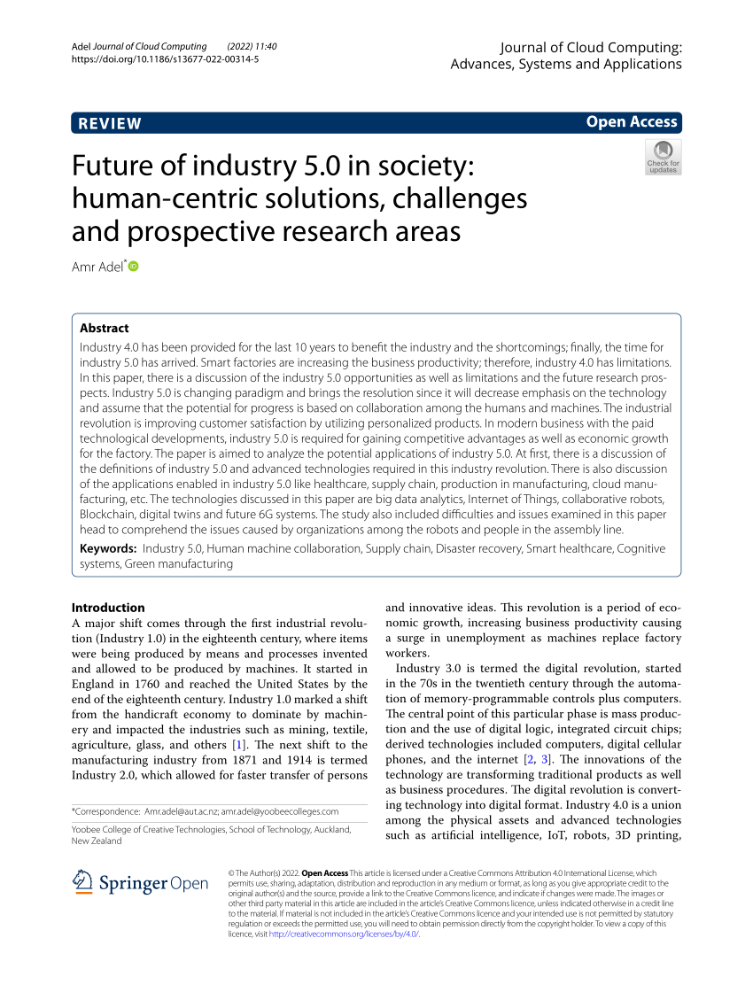 PDF) Future of industry 5.0 in society: human-centric solutions, challenges  and prospective research areas