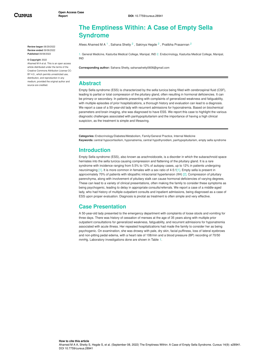 Pdf The Emptiness Within A Case Of Empty Sella Syndrome