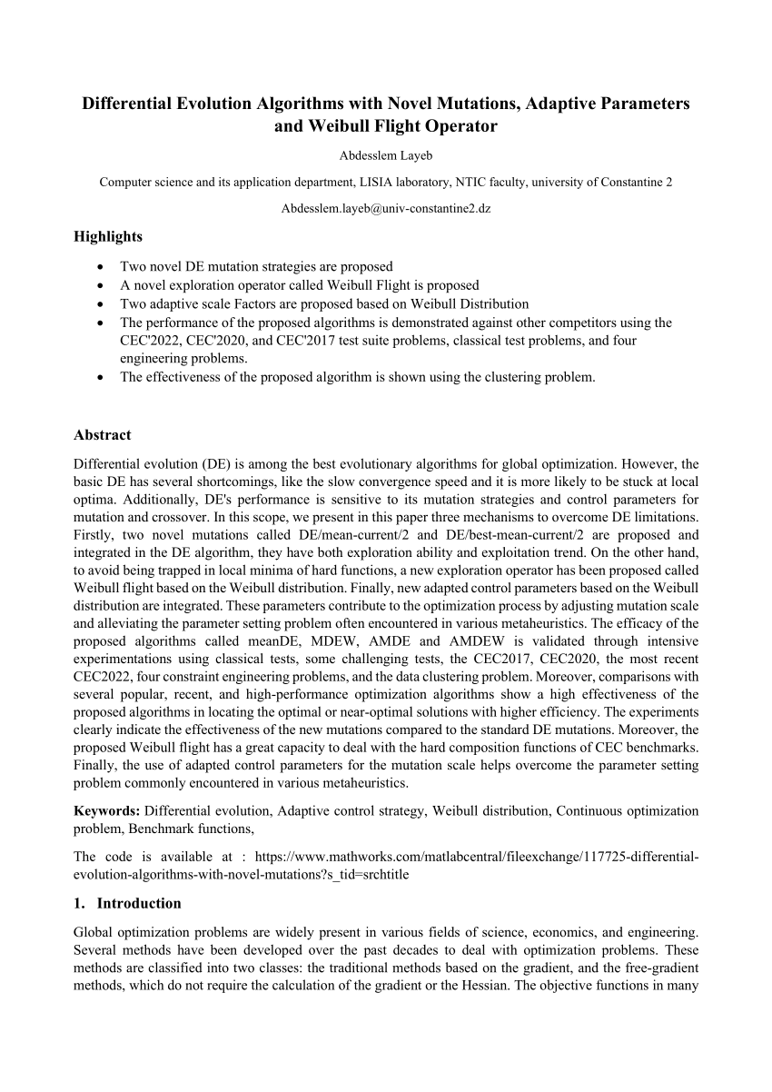 PDF) Differential Evolution Algorithms with Novel Mutations 