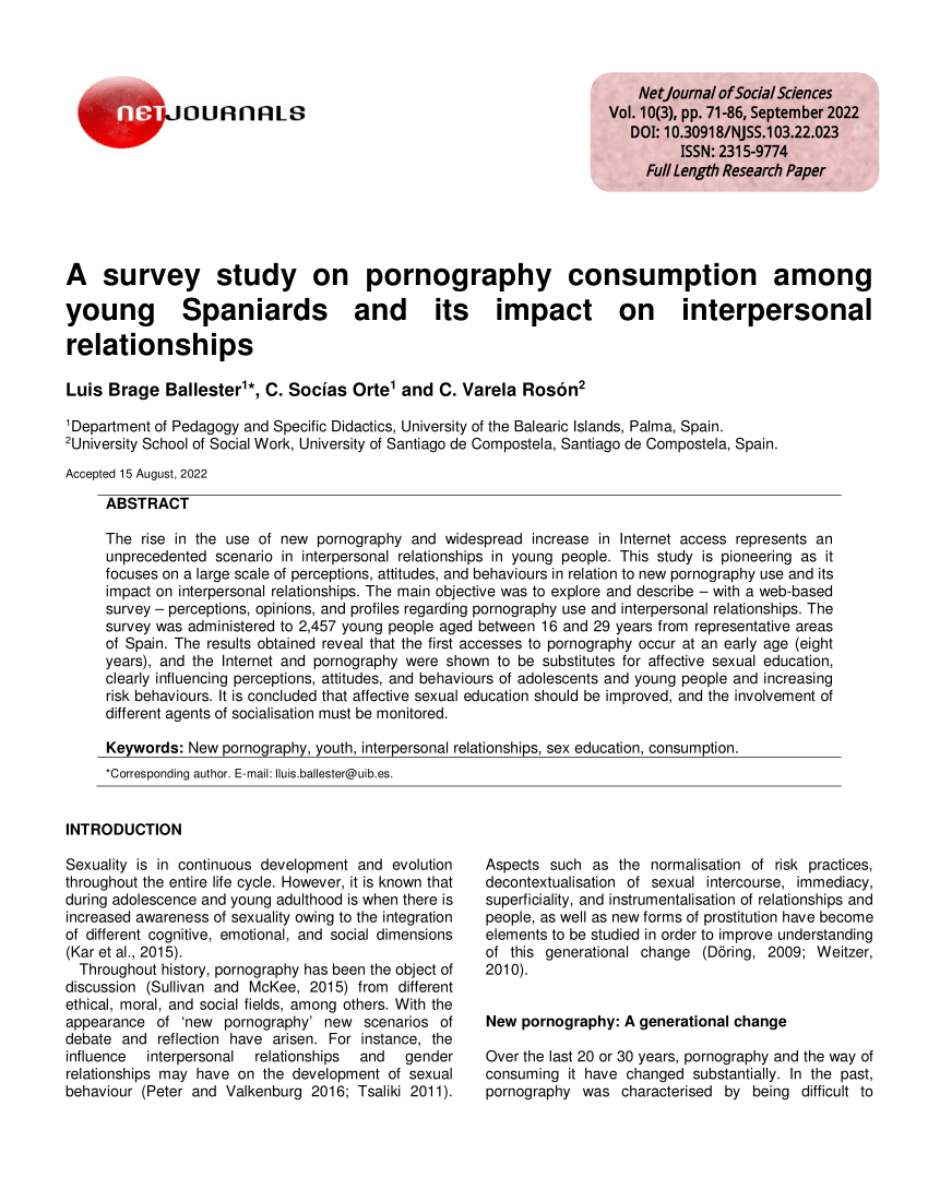 Xxx Sex Video 13yers - PDF) A survey study on pornography consumption among young Spaniards and  its impact on interpersonal relationships