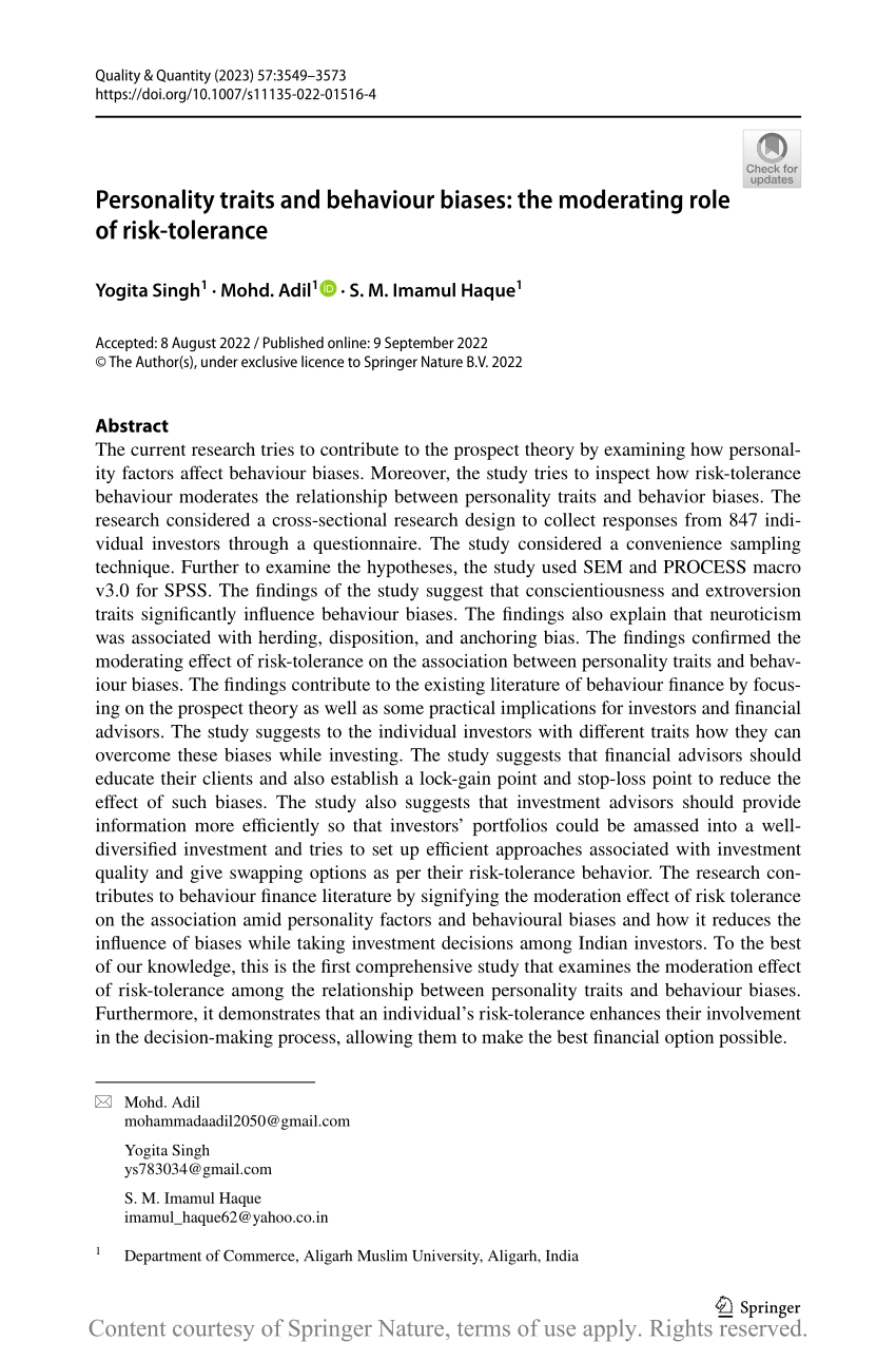 Personality Traits And Behaviour Biases The Moderating Role Of Risk Tolerance Request Pdf 7912