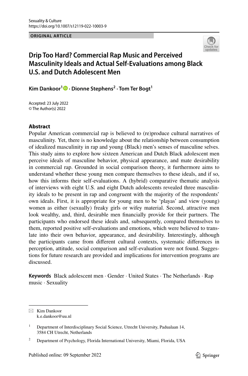 PDF) Drip Too Hard? Commercial Rap Music and Perceived Masculinity Ideals  and Actual Self-Evaluations among Black U.S. and Dutch Adolescent Men
