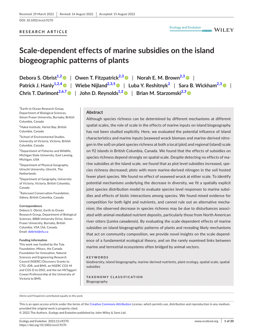 Scale‐dependent effects of marine subsidies on the island biogeographic  patterns of plants - Obrist - 2022 - Ecology and Evolution - Wiley Online  Library