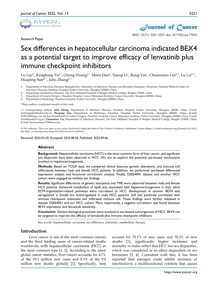Pdf Sex Differences In Hepatocellular Carcinoma Indicated Bex4 As A