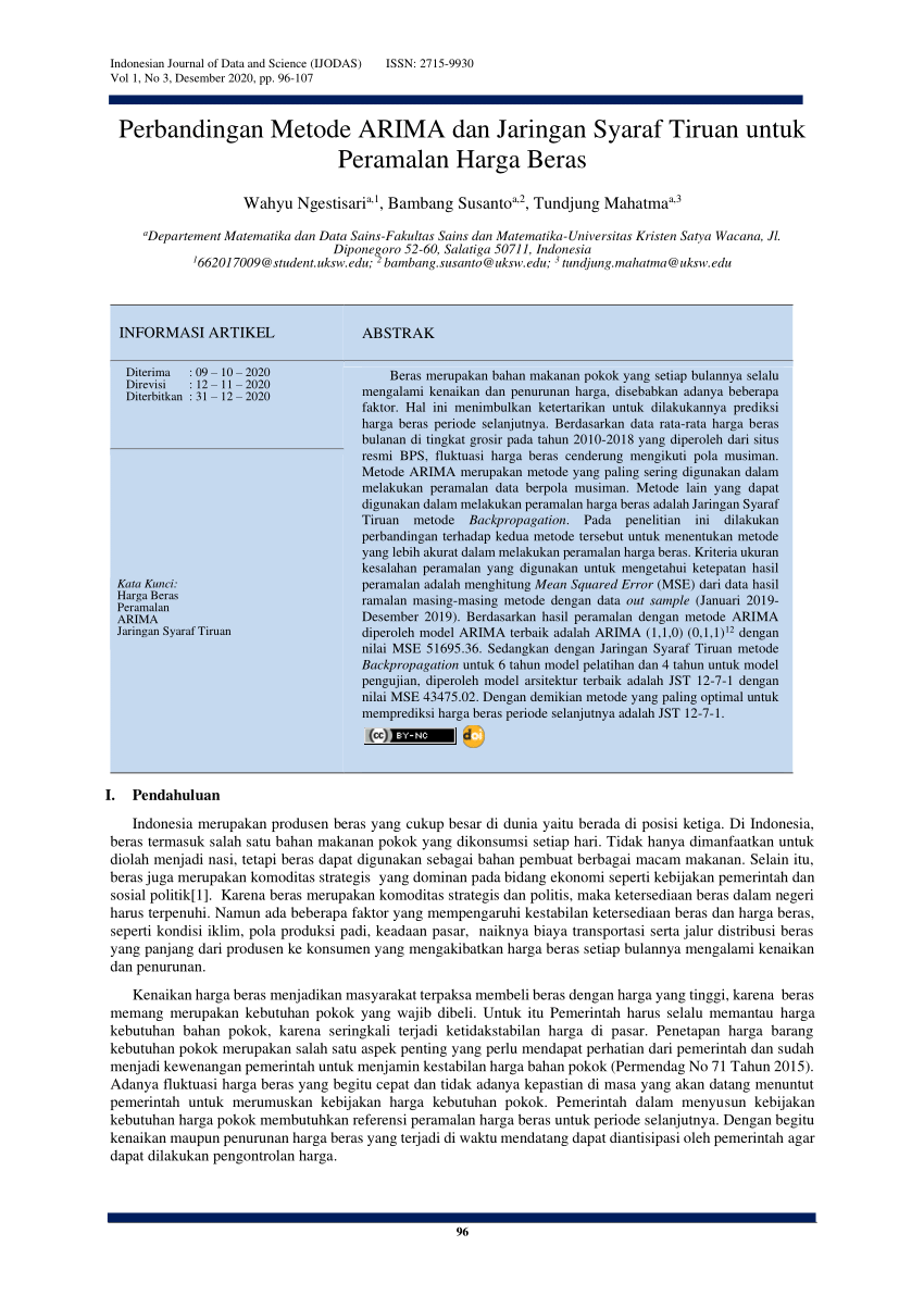 Pdf The Perbandingan Metode Arima Dan Jaringan Syaraf Tiruan Untuk Peramalan Harga Beras 9255