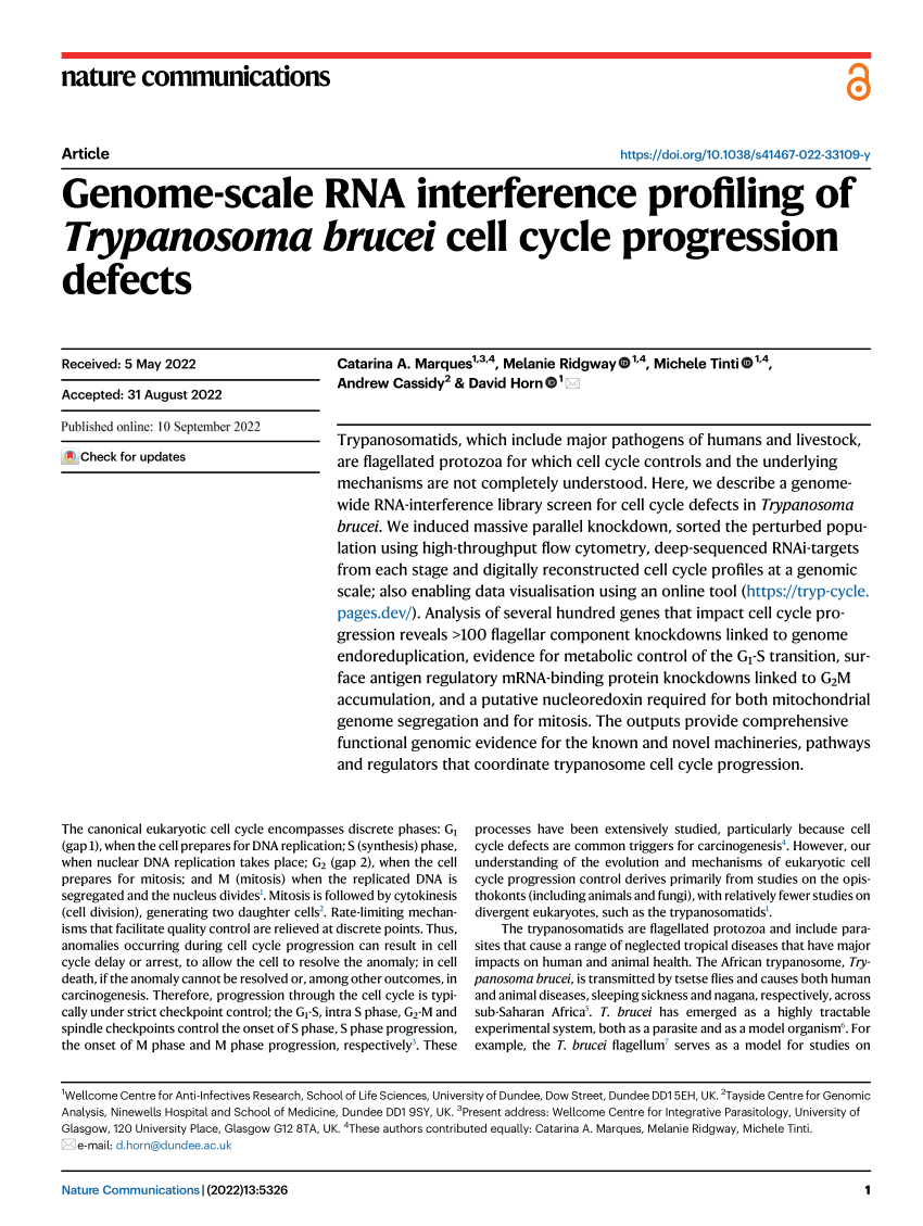 Pdf Genome Scale Rna Interference Profiling Of Trypanosoma Brucei Cell Cycle Progression Defects