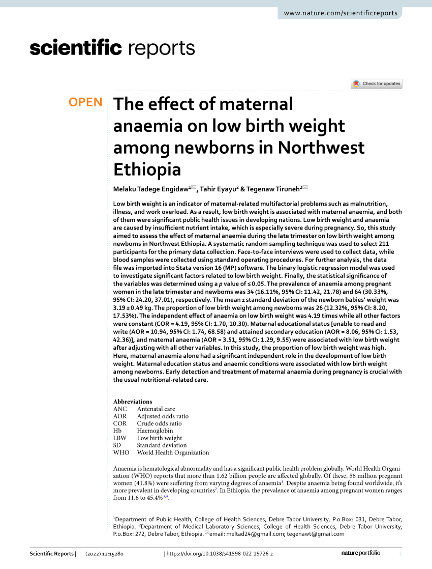 PDF) The effect of maternal anaemia on low birth weight among newborns in Northwest Ethiopia
