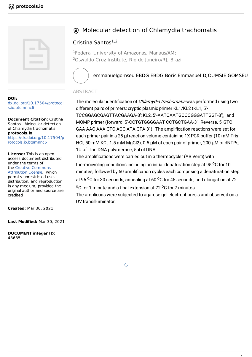 Pdf Molecular Detection Of Chlamydia Trachomatis V1 0415