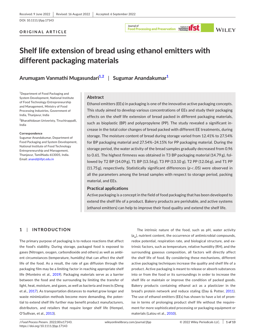 (PDF) Shelf life extension of bread using ethanol emitters with