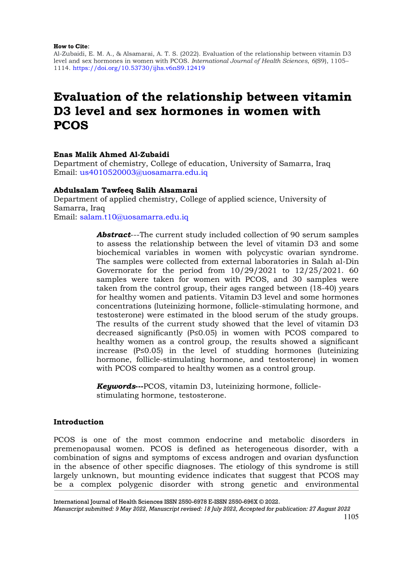 Pdf Evaluation Of The Relationship Between Vitamin D3 Level And Sex Hormones In Women With Pcos 1443