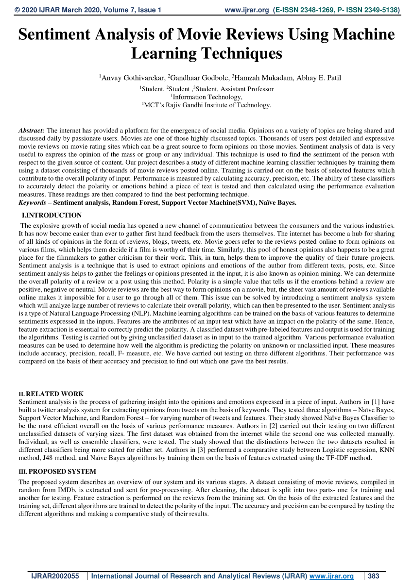 sentiment analysis of movie review using supervised machine learning techniques