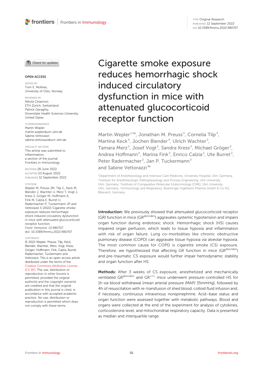 Pdf Cigarette Smoke Exposure Reduces Hemorrhagic Shock Induced Circulatory Dysfunction In Mice