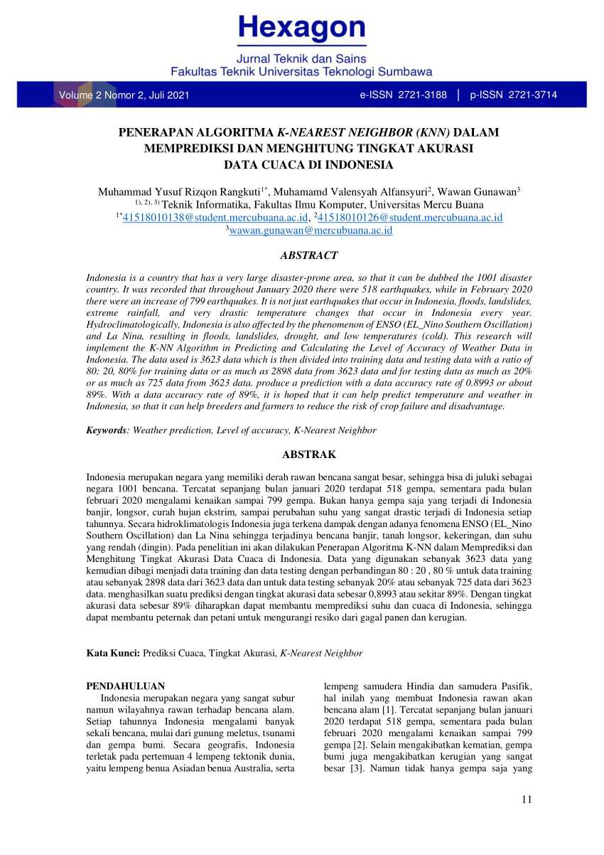 Pdf Penerapan Algoritma K Nearest Neighbor Knn Dalam Memprediksi Dan Menghitung Tingkat 1084