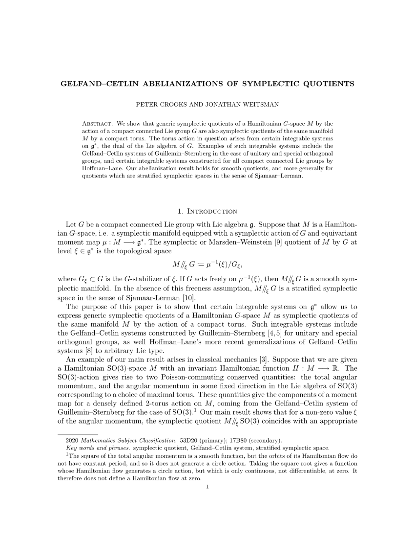 PDF) Gelfand-Cetlin abelianizations of symplectic quotients