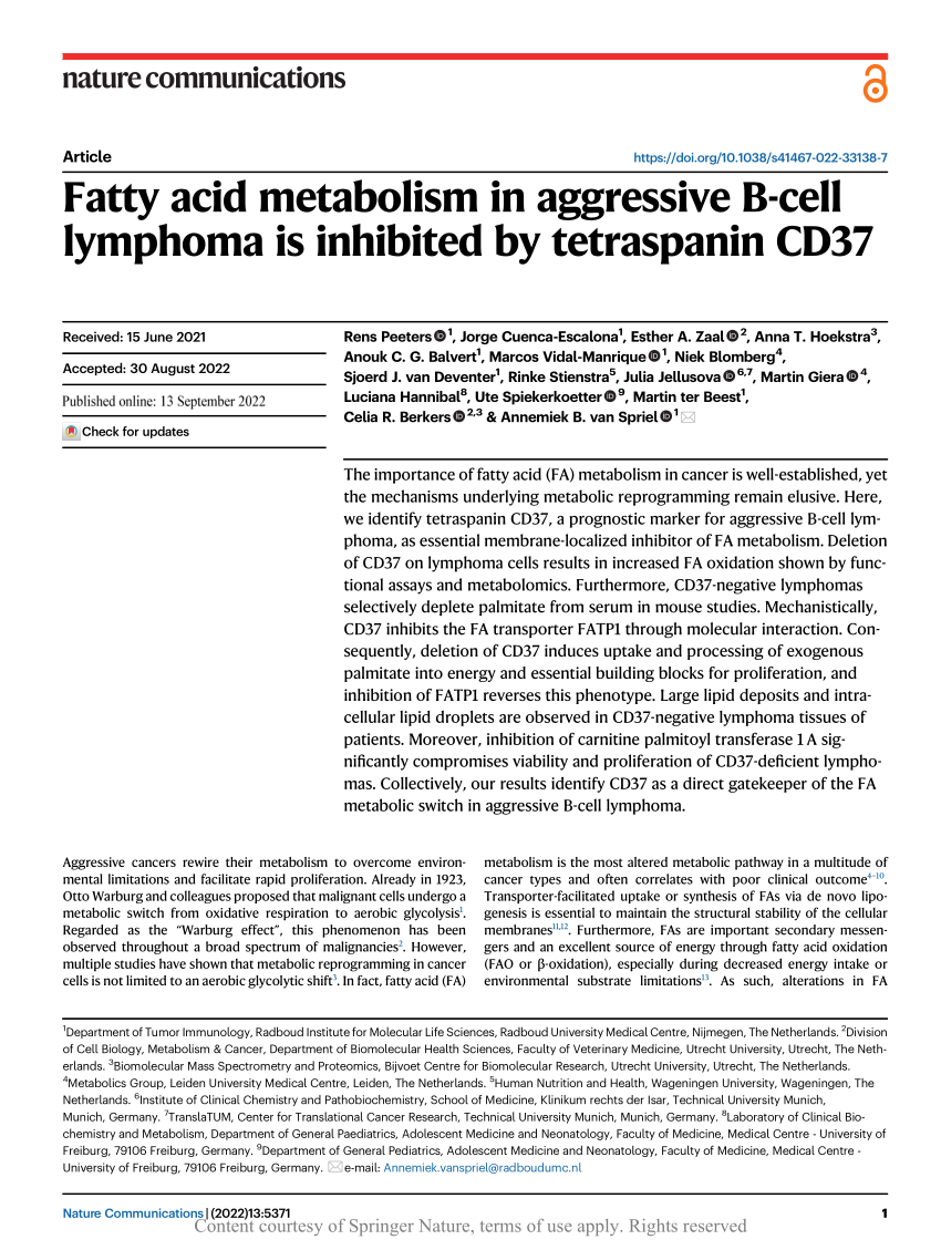 PDF) Fatty acid metabolism in aggressive B-cell lymphoma is