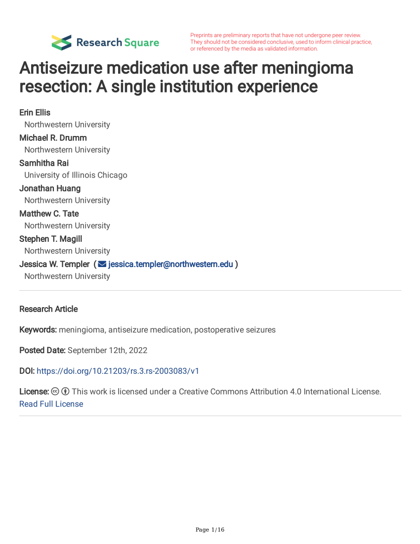 Pdf Antiseizure Medication Use After Meningioma Resection A Single Institution Experience 7392