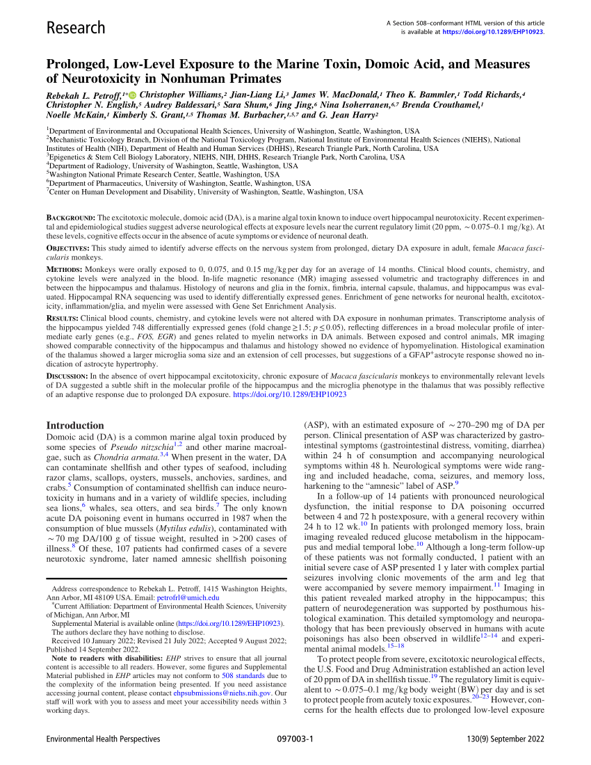 (PDF) Prolonged, Low-Level Exposure to the Marine Toxin, Domoic Acid