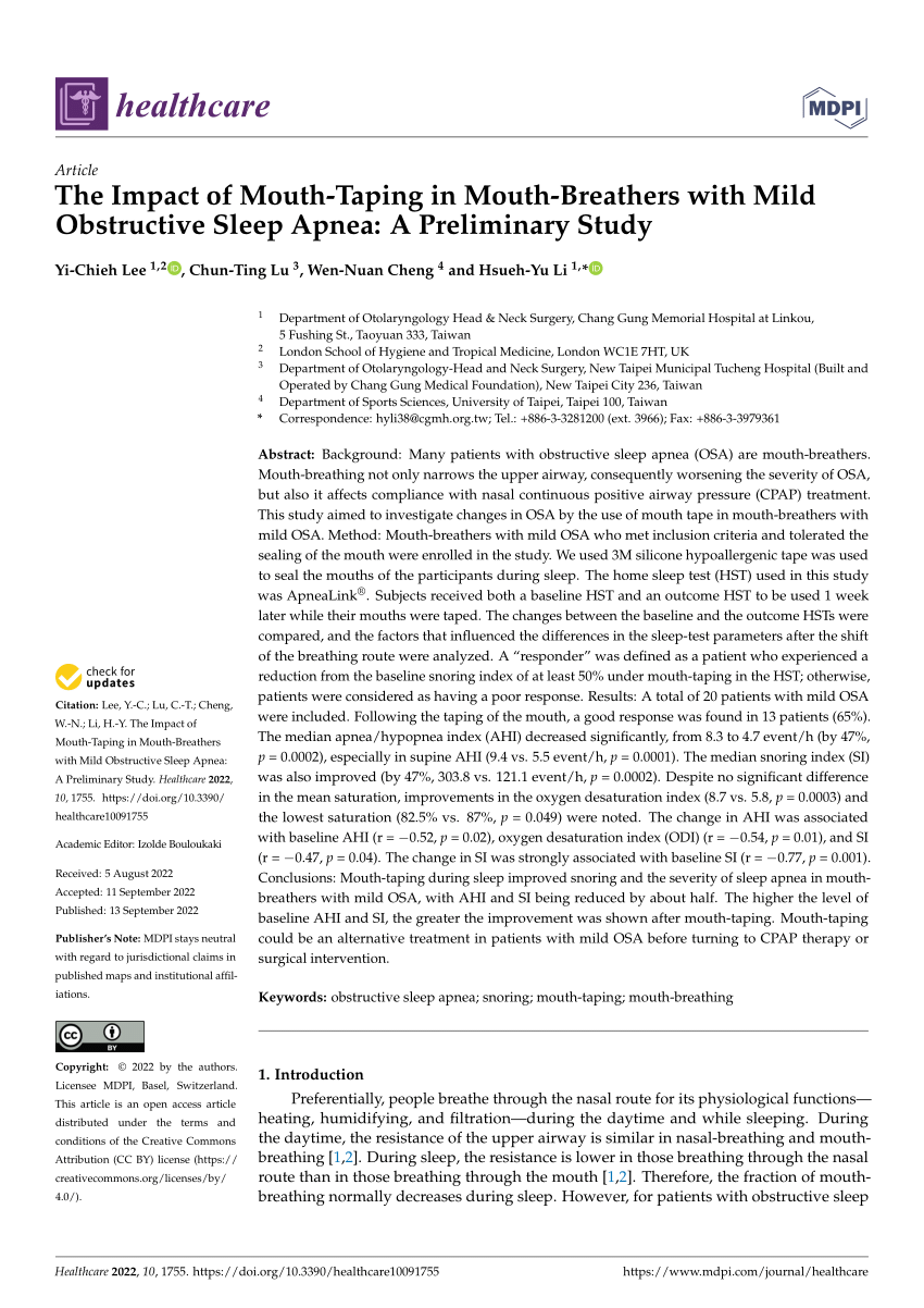PDF) The Impact of Mouth-Taping in Mouth-Breathers with Mild Obstructive  Sleep Apnea: A Preliminary Study