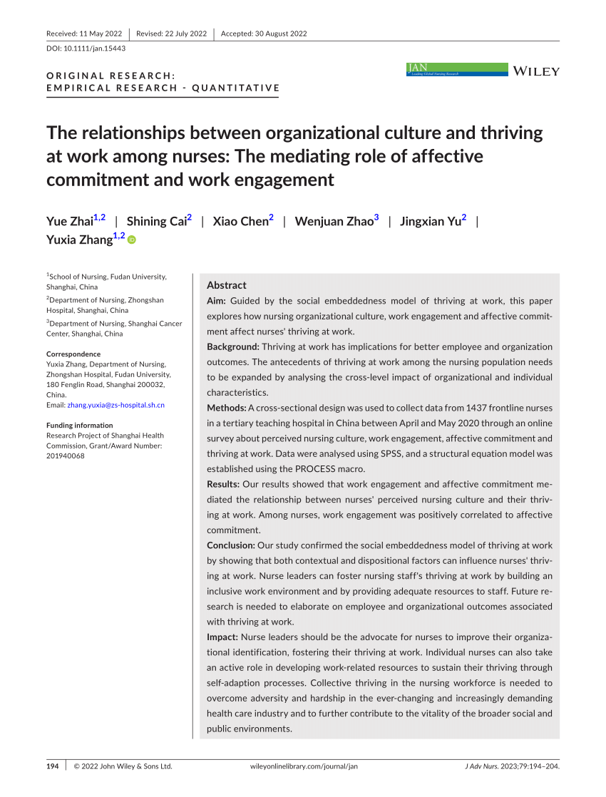 The Relationships Between Organizational Culture And Thriving At Work Among Nurses The 5755