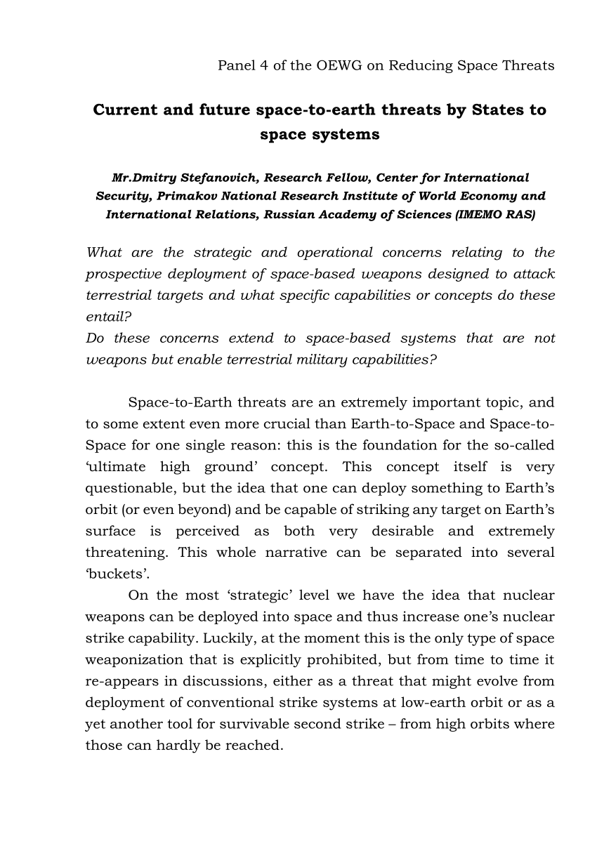 (PDF) Panel 4 of the OEWG on Reducing Space Threats Current and future