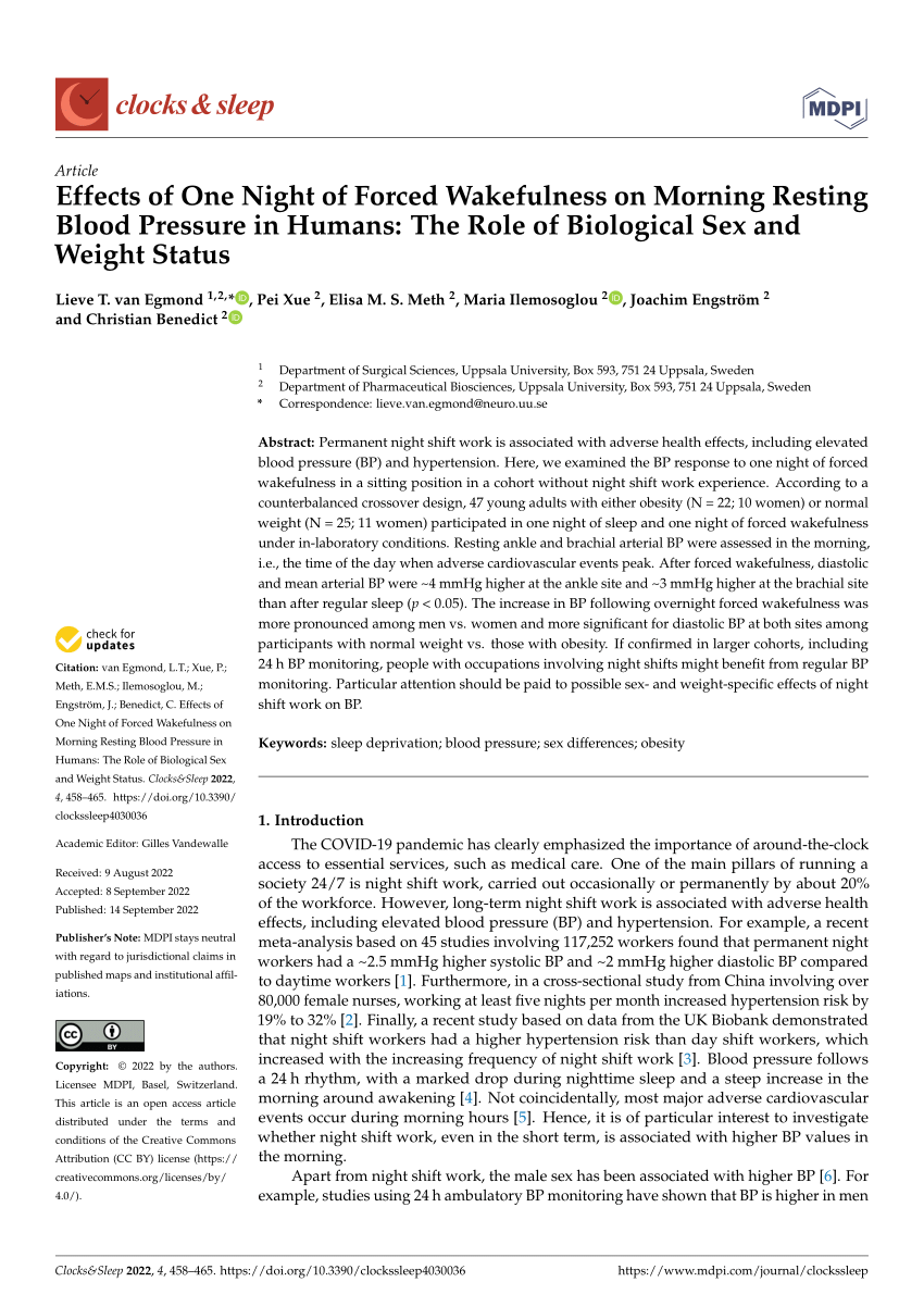 PDF) Effects of One Night of Forced Wakefulness on Morning Resting Blood  Pressure in Humans: The Role of Biological Sex and Weight Status