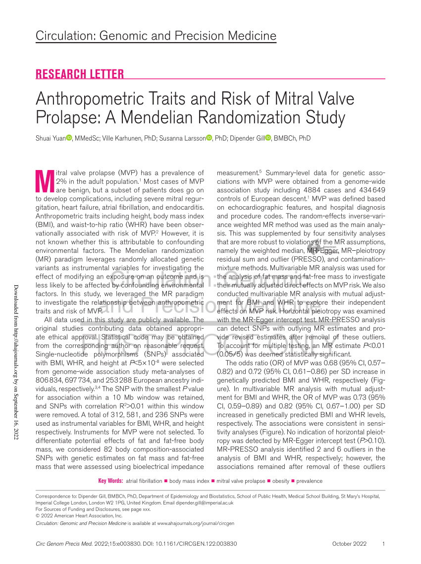 PDF) Anthropometric Traits and Risk of Mitral Valve Prolapse: A Mendelian  Randomization Study