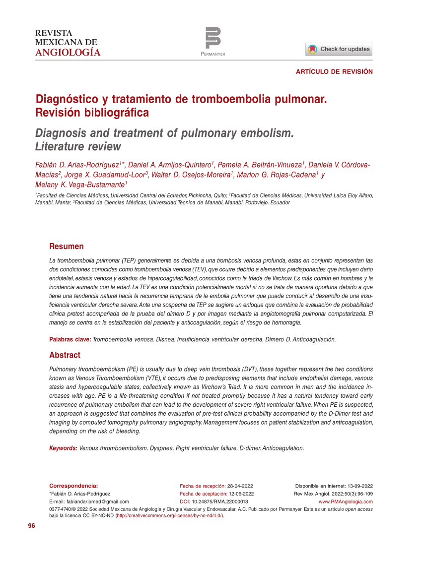 PDF Diagn stico y tratamiento de tromboembolia pulmonar. Revisi n