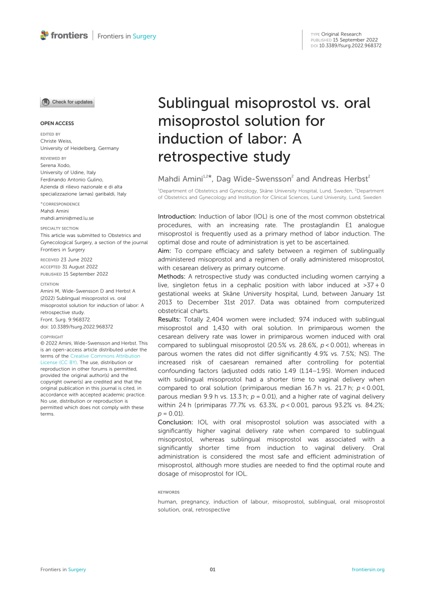 Pdf Sublingual Misoprostol Vs Oral Misoprostol Solution For Induction Of Labor A 