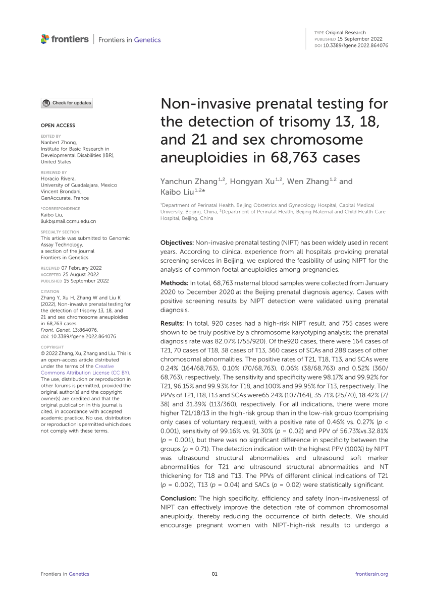 Pdf Non Invasive Prenatal Testing For The Detection Of Trisomy 13 18