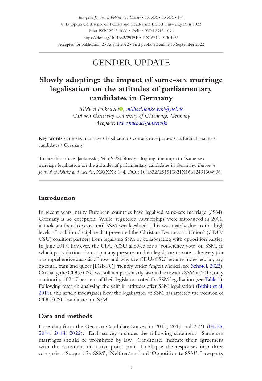 PDF) Slowly adopting: the impact of same-sex marriage legalisation on the  attitudes of parliamentary candidates in Germany