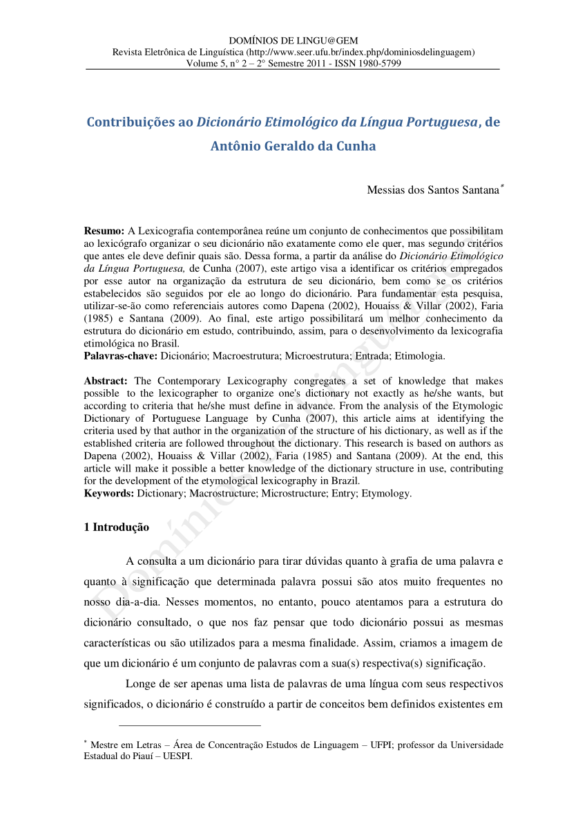 Pdf Contribuições Ao Dicionário Etimológico Da Língua Portuguesa De Antônio Geraldo Da Cunha 