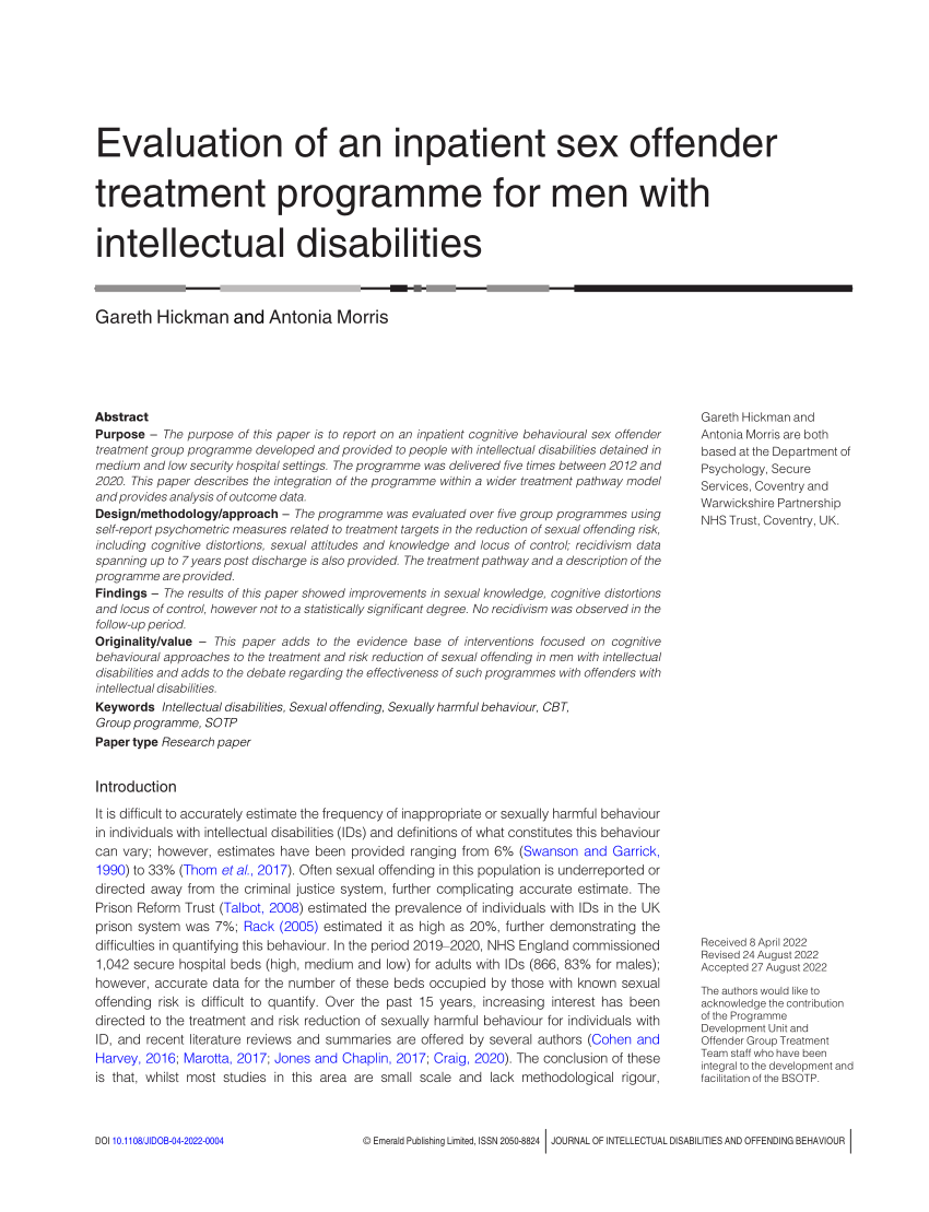 Pdf Evaluation Of An Inpatient Sex Offender Treatment Programme For Men With Intellectual 4073