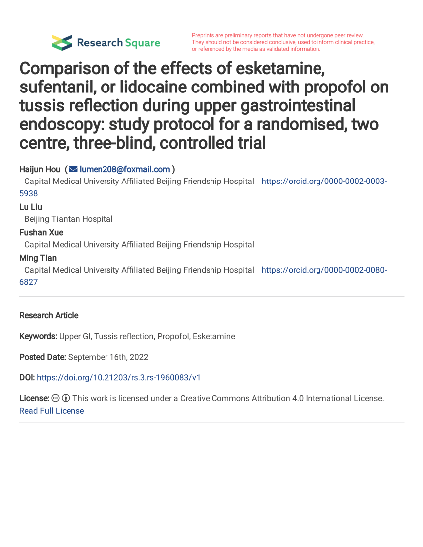 (PDF) Comparison of the effects of esketamine, sufentanil, or lidocaine ...