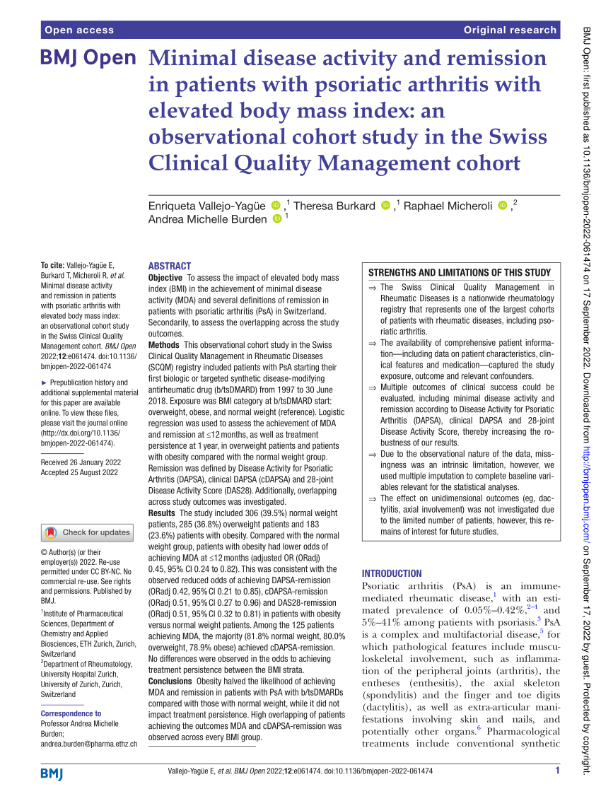 Pdf Minimal Disease Activity And Remission In Patients With Psoriatic Arthritis With Elevated 